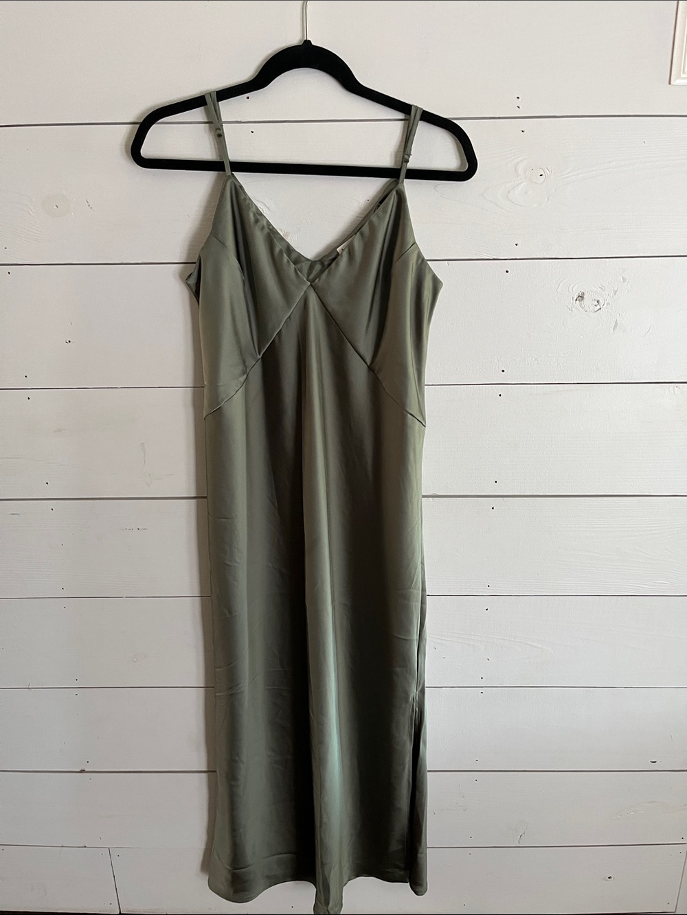 a new day Olive Green Slip Midi Dress with V-Neck and Spaghetti Straps